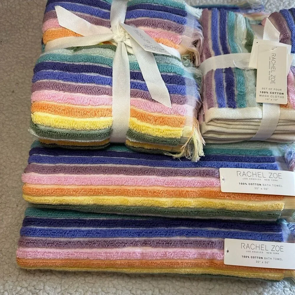Rachel Zoe Bath Towel Set Rainbow Stripe Pattern Fringe NWT